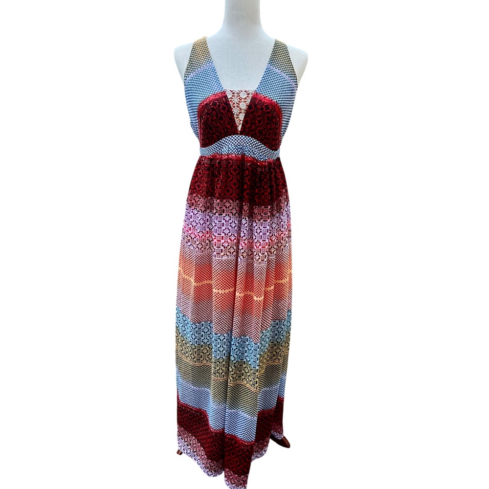 Soma Intimates Geometric Halter Maxi Dress Small Multicolor Crochet Lace Inset